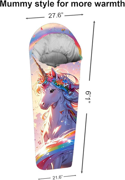 Mummy Style 32 – 59F Kids Sleeping Bag with Pillow Sleeve, Full Scale Digital Printing Unicorn, Mermaid, Kitty or Puppy, Lightweight, Ideal for Camping, Sleepover, Boys, Girls, Youth and Toddlers