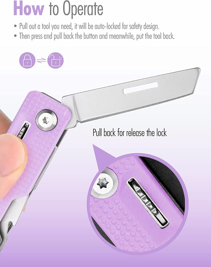 FantastiCAR 10 in 1 Multi-tool, EDC Folding Pocket Knife with SIM Card Removal Pin for Daily Needs, Outdoor Activities, Christmas Gifts (Purple)