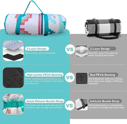 EXELNT Extra Large Outdoor Picnic Blankets Waterproof, for The Beach, Camping Travelling on The Grass, Park Blanket, Rolling Up Packaging，Portable Carring, 79" x 79" Picnic Mat - Aksu Style (Yellow)