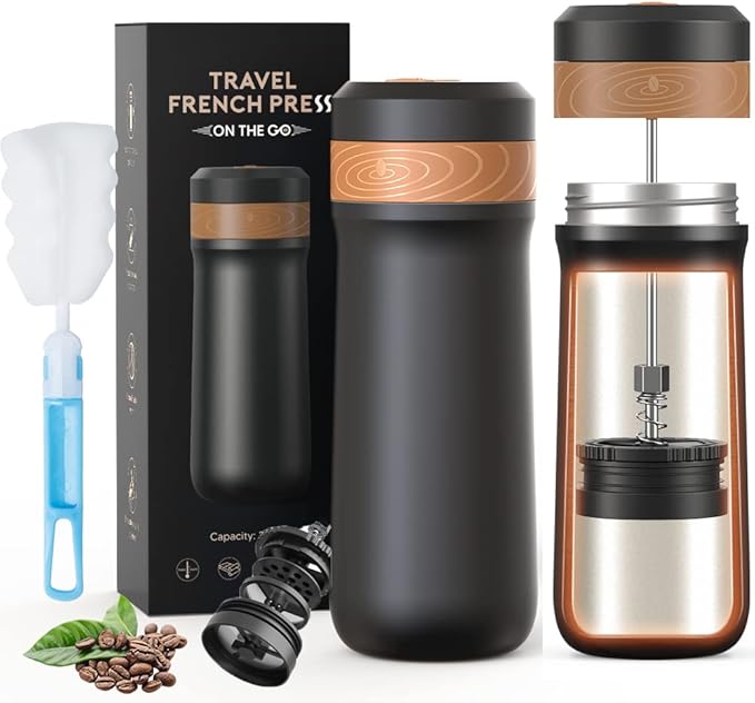 Classic Portable French Press Coffee Mug 12 oz with Carry Loop, Stainless Steel French Press Coffee Maker, BPA Free Great for Camping and Travel