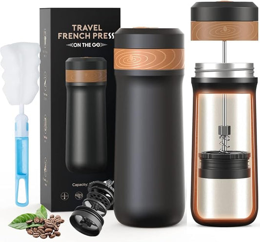 Classic Portable French Press Coffee Mug 12 oz with Carry Loop, Stainless Steel French Press Coffee Maker, BPA Free Great for Camping and Travel