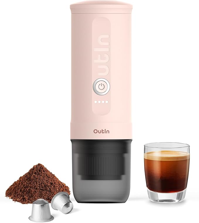 OutIn Nano Portable Electric Espresso Machine, Travel Coffee Maker for Camping, Car Coffee Maker Self-Heating with USB-C, With Ground Coffee & NS Capsule for RV, Hiking, Office