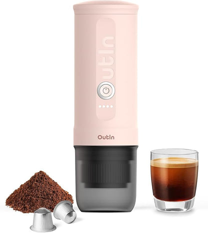 OutIn Nano Portable Electric Espresso Machine, Travel Coffee Maker for Camping, Car Coffee Maker Self-Heating with USB-C, With Ground Coffee & NS Capsule for RV, Hiking, Office
