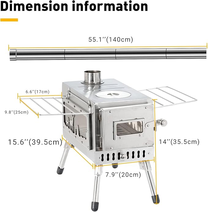 Outdoor Camping Stove Camp Tent Stove, Portable Wood Burning Stove with Chimney Pipe for Tent, Shelter, Camping Heating and Cooking (Pipe Diameter: 2.36")