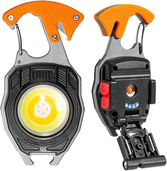 LED Small Flashlight Multitool, Rechargeable Keychain Light, COB Multi-Function Mini Work Light, 500 Lumens, 7 Lighting Modes with Electric Lighter, Seat Belt Cutter, Screwdriver, Whistle