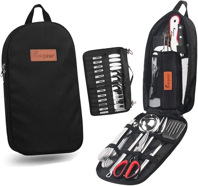 Bisgear Backpacking Camping Cookware Camp Kitchen Utensil BBQ Organizer Travel Mess Kit with Water Resistant Case, Cutting Board, Rice Paddle, Tongs, Scissors, Knife, Spork