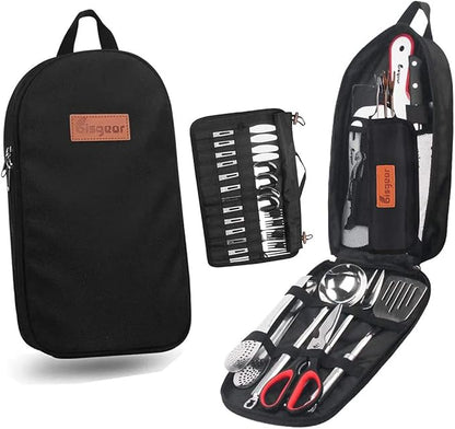 Bisgear Backpacking Camping Cookware Camp Kitchen Utensil BBQ Organizer Travel Mess Kit with Water Resistant Case, Cutting Board, Rice Paddle, Tongs, Scissors, Knife, Spork