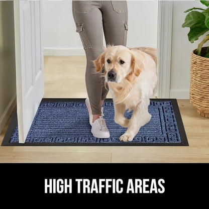GORILLA GRIP 100% Waterproof All-Season WeatherMax Doormat, 23x35, Durable Natural Rubber, Stain and Fade Resistant, Low Profile, Indoor Outdoor Door Mats, Easy Clean Patio Entry Mat, Navy Greek Keys
