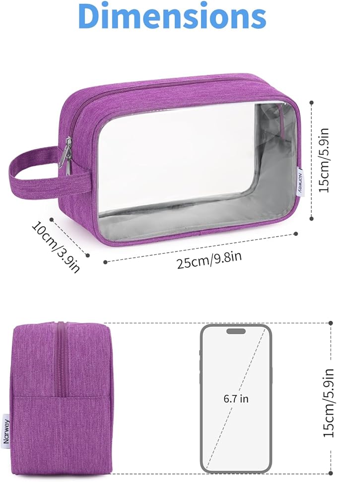 Narwey Clear Travel Toiletry Bags for Traveling Toiletries Men Women, Clear Makeup Bag Cosmetic Bag with Zipper, Make Up Pouch Organizer Bags with Handle, Skincare Bag (Purple)