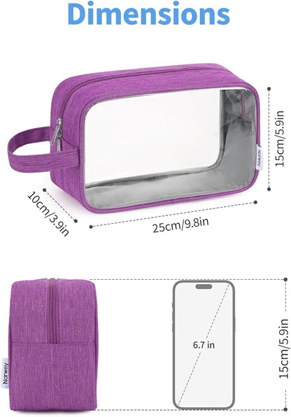 Narwey Clear Travel Toiletry Bags for Traveling Toiletries Men Women, Clear Makeup Bag Cosmetic Bag with Zipper, Make Up Pouch Organizer Bags with Handle, Skincare Bag (Purple)