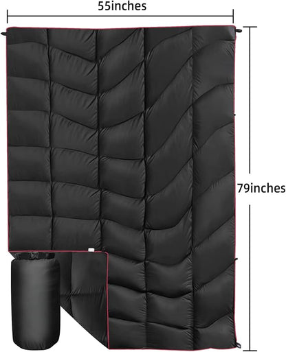 Outdoor Puffy Camping Blanket, Lightweight Down Alternative Puffy Printed Camping Large Ultra Warm Hammock Top Quilt Waterproof Blanket for Traveling Picnic Beach Party Cold Weather (black waves)