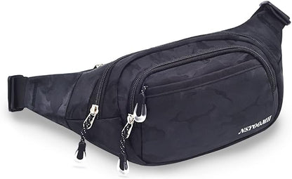 Fanny Pack for Women & Men, 5-Zipper Pockets Water Resistant Practical Waist Bag, for Outdoor Running Cycling Sports Travel Hiking Fishing Fashion Camo Black Belt Bags