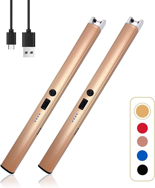 2 PCS Candle Lighter,Windproof Flameless Electric Lighter with LED Power Display ＆ Safety Switch, Upgraded Plasma USB Rechargeable Lighter for Birthday Camping BBQ (Champagne Gold)