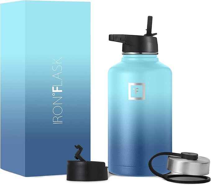 IRON °FLASK Camping & Hiking Hydration Flask, Wide Mouth, 3 Straw Lids, Stainless Steel Outdoor Water Bottle, Double Walled, Insulated Thermos, Metal Canteen - Blue Waves, 64 Oz