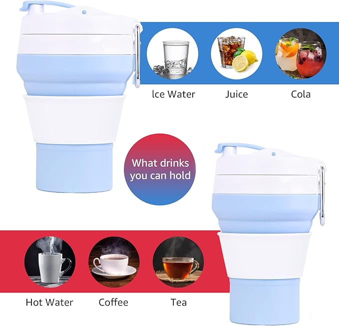 Collapsible Coffee Cup, 20 OZ 600ml Silicone Folding Camping Cup, Leak Proof BPA Free Portable Cup, Travel mug with Lids for hiking (Light Blue)