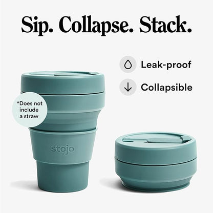 STOJO Collapsible Travel Cup - Eucalyptus, 12oz / 355ml - Reusable to-Go Pocket Size Silicone Cup for Hot and Cold Drinks - Perfect for Camping and Hiking - Microwave & Dishwasher Safe