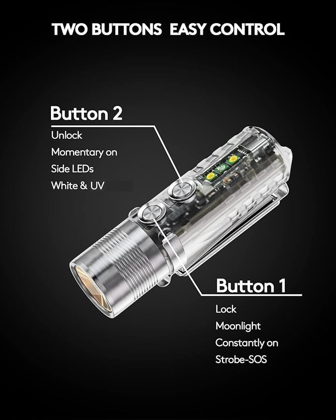 RovyVon A28 Gen 2 1000 Lumens EDC Flashlight, 6500K Cool White LED, USB-C Rechargeable, Dual Button for Momentary On/Lock Mode, Magnetic Clip, Gift for Ourdoor Emergency(365nm/White)