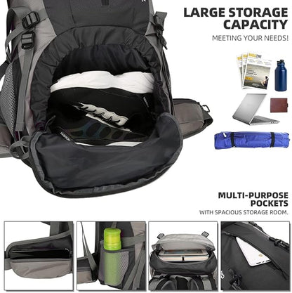 King'sGuard 70L Hiking Backpack Large Lightweight Waterproof Camping Backpack Travel Backpacking Backpack Daypack with Rain Cover -Frameless (Black)