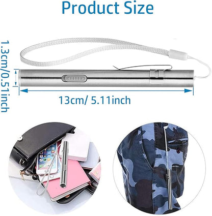yuentoen Pen Light Flashlight, Rechargeable LED Super Bright Flashlight with Stainless Steel Clip and USB Cable for Home Camping Outdoor and Emergency - Silver