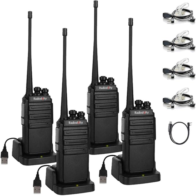 4 Pack Radioddity GA-2S Long Range Walkie Talkies for Adults UHF Two Way Radio Rechargeable with Micro USB Charging + USB Desktop Charger + Air Acoustic Earpiece with Mic, for School Retail Business