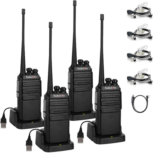 4 Pack Radioddity GA-2S Long Range Walkie Talkies for Adults UHF Two Way Radio Rechargeable with Micro USB Charging + USB Desktop Charger + Air Acoustic Earpiece with Mic, for School Retail Business