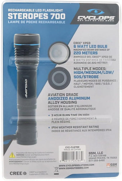 Cyclops Handheld Aluminum Steropes 700 Lumens Rechargeable Pocket Flashlight for Camping, Hiking, Emergency