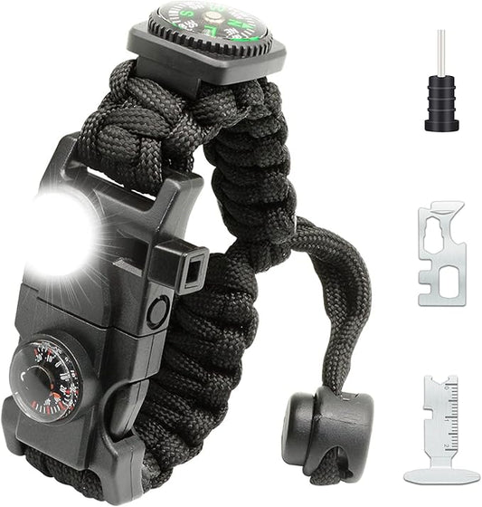 20 in 1 Survival Paracord Bracelet Adjustable Gear Kit with SOS LED Light, Fire Starter, Bigger Compass, Survival Whistle, Perfect for Camping, Hiking, Fishing