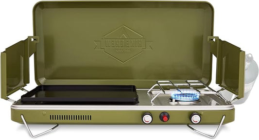 Hike Crew 2-in-1 Gas Camping Stove | Portable Propane Grill/Stove Burner w/Integrated Igniter & Stainless Steel Drip Tray | Built-in Carrying Handle, Foldable Legs & Wind Panels | Includes Regulator