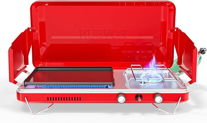 ROVSUN 2-in-1 Portable Camping Stove & Propane Grill with Enamel Griddle & Piezo Igniter, Tabletop Camp Stove with Built-in Handle, Wind Panel & Regulator for Camping, Tailgating, Grilling (Red)