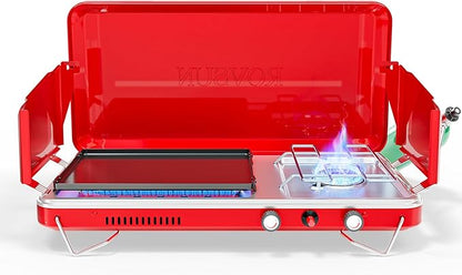 ROVSUN 2-in-1 Portable Camping Stove & Propane Grill with Enamel Griddle & Piezo Igniter, Tabletop Camp Stove with Built-in Handle, Wind Panel & Regulator for Camping, Tailgating, Grilling (Red)