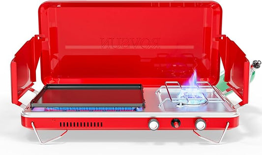 ROVSUN 2-in-1 Portable Camping Stove & Propane Grill with Enamel Griddle & Piezo Igniter, Tabletop Camp Stove with Built-in Handle, Wind Panel & Regulator for Camping, Tailgating, Grilling (Red)