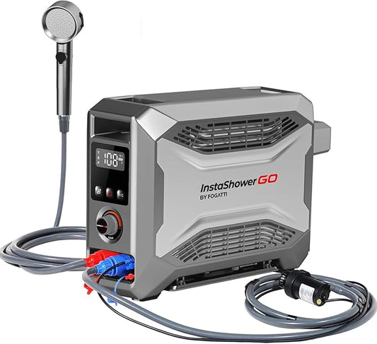 FOGATTI Portable Gas Water Heater, InstaShower GO, Propane, 19,000 BTU, with 5000mAh Rechargeable Built-in Battery, DC 12V, Outdoor Camping Shower with Tip-Over Protection, Safety Shutoff