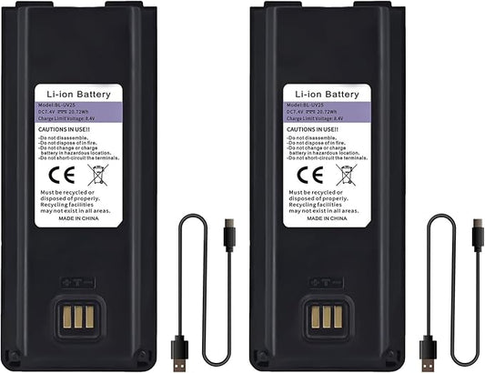 BAOFENG 2 Pack UV-25 Battery BL-UV25 for UV-25 Pro Max Radio Type-C Charging BL-UV25 High Capacity Li-ion Battery DC7.4V for Walkie Talkie Accessories with Cables