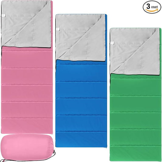 Macarrie 3 Pcs 0 Degree Camping Sleeping Bags Bulk for Adults Kids, Warm Weather Youth Sleeping Bags for Boys Girls Ages 8-12, Portable Compact with Compression Sack for Hiking Backpacking Outdoor