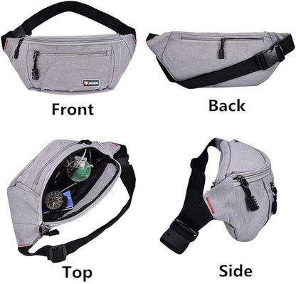 2 Packs Fanny Packs for Men and Women, Water Resistant Sports Waist Pack Bag Bum Bag for Travel Hiking Running (Black + Gray)