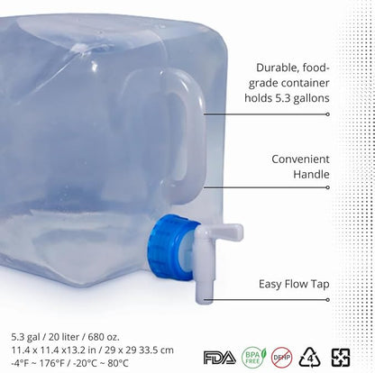 Collapsible Water Containers with Spigot 5.3 Gal - Portable, Reusable - BPA Free, Foldable, Leak-Proof Camping Water Jug for Outdoors, Hiking, Survival Kit, and Emergency Preparedness 4-Pack