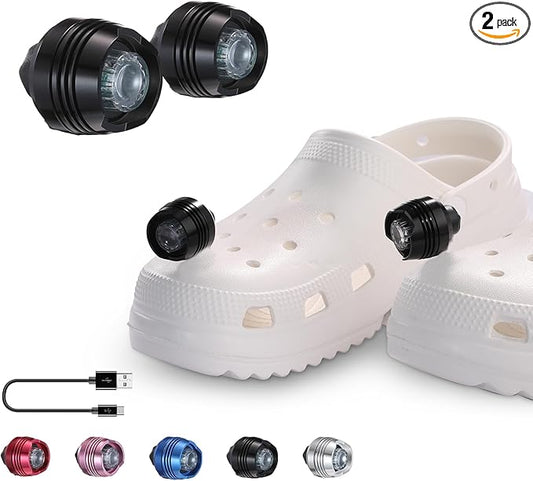 RAHAN Rechargeable Headlights for Croc 2pcs,Flashlights Attachment for Crocs, LED Shoes Light with 3 Light Modes for Dog Walking, Camping, Running, Suitable for Adults Kids, Black