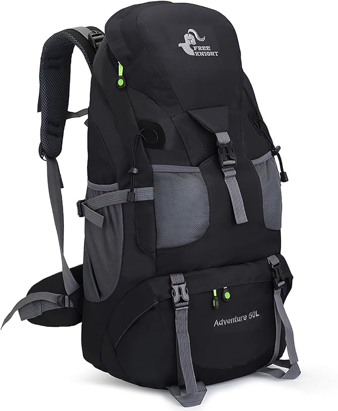 Bseash 50L Hiking Backpack, Water Resistant Lightweight Outdoor Sport Daypack Travel Bag for Camping Climbing Touring (Black - No Shoe Compartment)