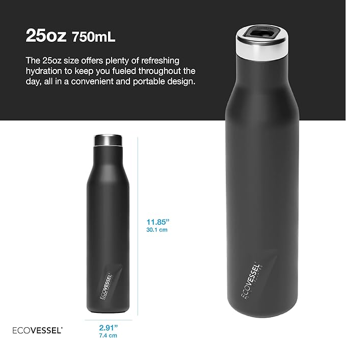 EcoVessel ASPEN Stainless Steel Water Bottle with Insulated Lid, Metal Water Bottle with Rubber Non-Slip Base. Wine Tumbler Reusable Water Bottle - 25oz (Coastal Mist)
