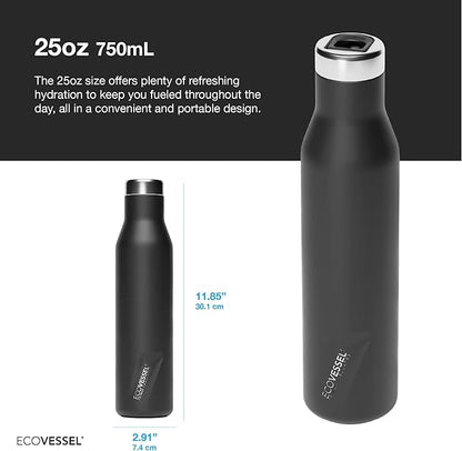 EcoVessel ASPEN Stainless Steel Water Bottle with Insulated Lid, Metal Water Bottle with Rubber Non-Slip Base. Wine Tumbler Reusable Water Bottle - 25oz (Coastal Mist)