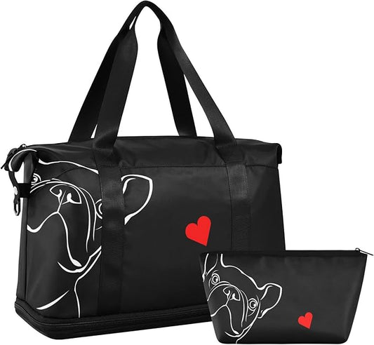Weekender for Women, French Bulldog Black Gym Sports Duffle Travel Tote With Toiletry Bag, Shoes Compartment, Dry/Wet Separation Swim Bag