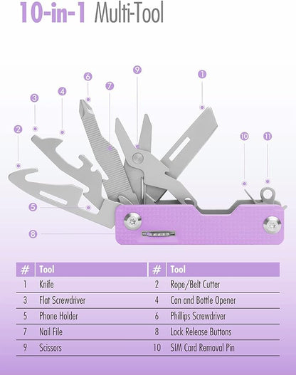 FantastiCAR 10 in 1 Multi-tool, EDC Folding Pocket Knife with SIM Card Removal Pin for Daily Needs, Outdoor Activities, Christmas Gifts (Purple)
