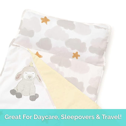 JumpOff Jo - Toddler Nap Mat - Sleeping Bag for Kids with Removable Pillow and Ultra Soft Blanket for Preschool, Daycare, and Sleepovers - Little Lamb