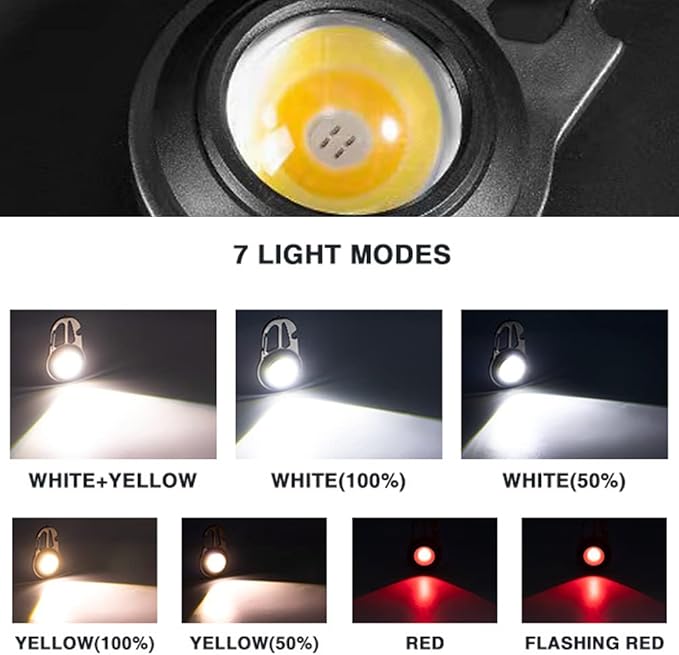 Cob Mini Flashlight Keychain Light, 500 Lumens Bright Rechargeable, Small Multi-Function Work Light, 7 Modes Portable Pocket Light Battery Display Bottle Opener for Camping Emergency Lighting