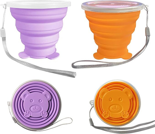 2 pcs 180ML Silicone Small Foldable Cup-Expandable Folding Drinking Cup -Reusable Portable Mugs Cup with Lids For Travel, Camping, Hiking, Survival, Holiday, Outdoor Sports Purple+Orange