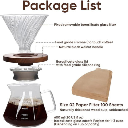 20oz Drip Coffee Maker - 600 ml Borosilicate Glass Carafe with 100 pcs V60 Paper Filter - Walnut Handle & Glass Lid for Home Café Restaurant Camping (Clear)