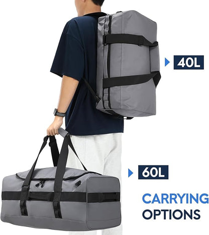 Haimont Mens Duffle Backpacks for Traveling, Convertible Gym Duffel Bag with Backpack Straps, Camping, Overnight Trip, Weekend, Sports Gear Carry-on Bag for Women, Hiking, 40L, Grey