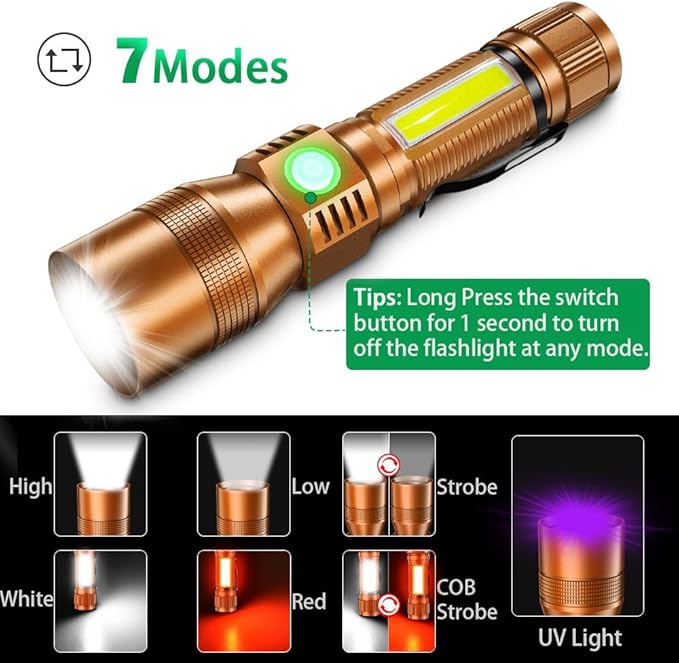 Black Light Flashlight, 3 in-1 Rechargeable Flashlights, UV Light Magnetic LED Flashlight High Lumens, 7 Mode Camping Waterproof Flashlight for Pet Urine Detection (1pack Brown)