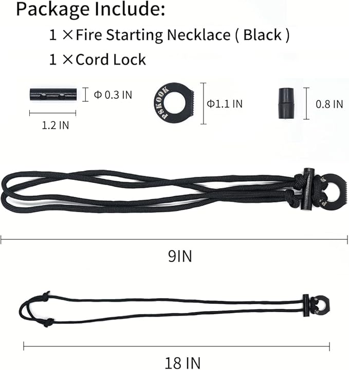 PSKOOK Fire Starter Necklace, Survival Paracord Necklace with Flint and Steel, Bushcraft Necklace for Camping, Hiking and Backpacking