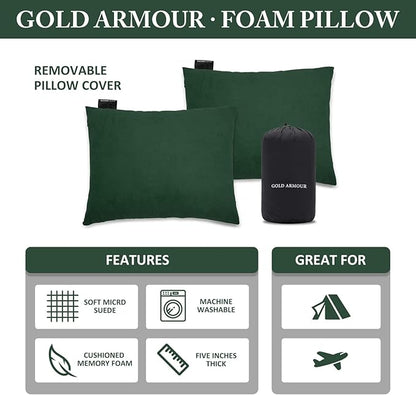 Gold Armour Camping Pillow Memory Foam - Compact Compressible Backpacking, Hammock, and Travel Pillows for Kids and Adults - Essential Outdoor & Camping Gear (Small 12 x 16in, Green)